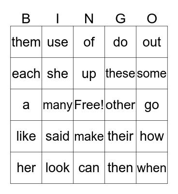 Sight Words Bingo  Bingo Card