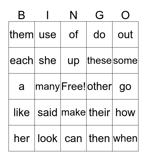 Sight Words Bingo  Bingo Card