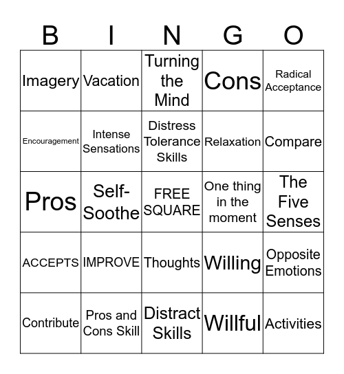 Distress Tolerance BINGO Card