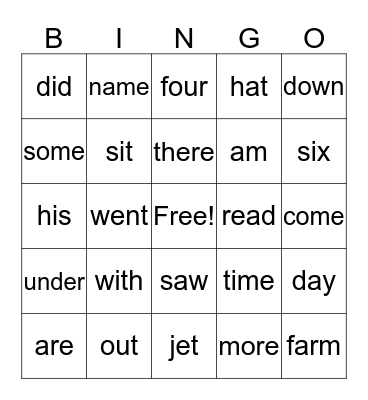 Sight Word Bingo Card