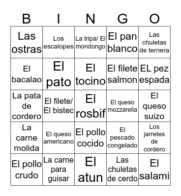 Food Bingo Card