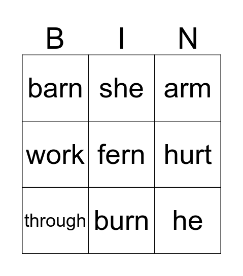 Unit 5 Week 2- er, ir, or, ur Bingo Card