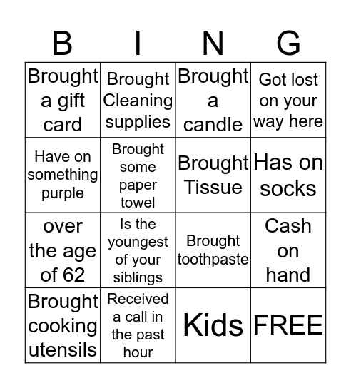 Apartment Warming Bingo Card