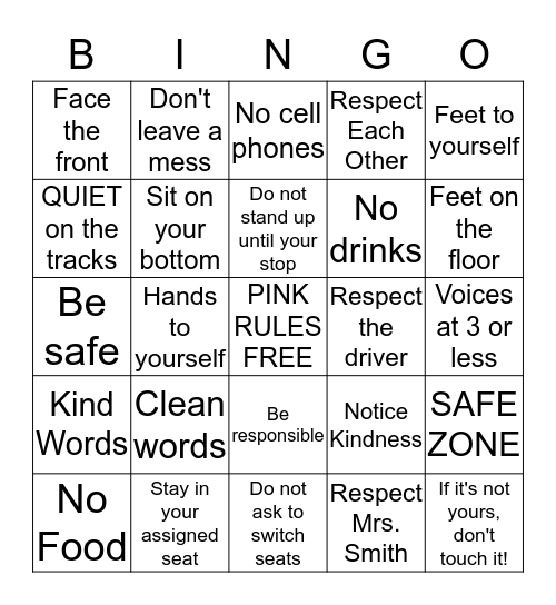 Bus Behavior Bingo Card