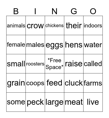 Chickens on the Farm Bingo Card