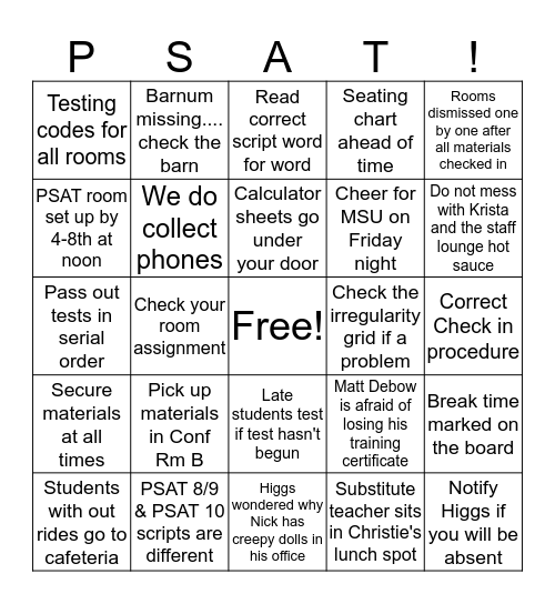 PSAT Or Bust Bingo Card