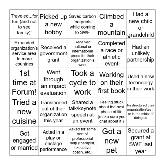 Convening Awardee Bingo Card