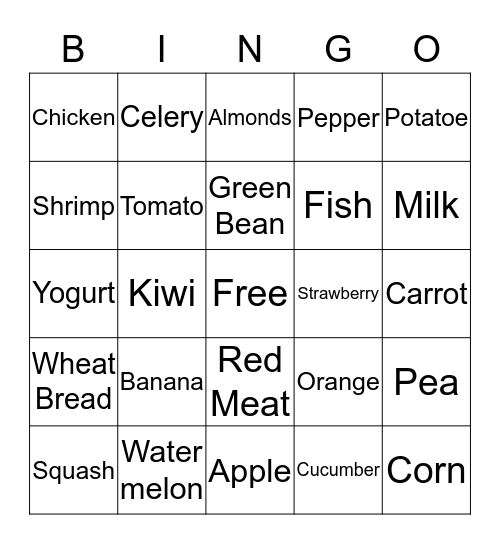 Nutrition Bingo  Bingo Card