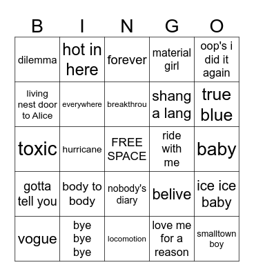 pennyhill music bingo THURSDAY NIGHT TOPS Bingo Card
