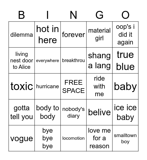 pennyhill music bingo THURSDAY NIGHT TOPS Bingo Card