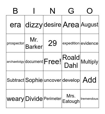 Vocabulary Bingo Card