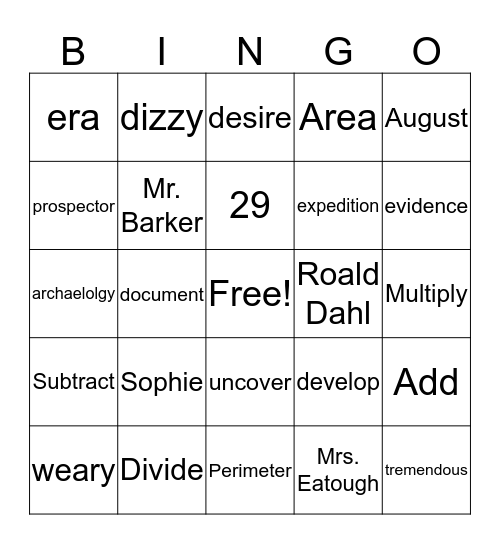 Vocabulary Bingo Card