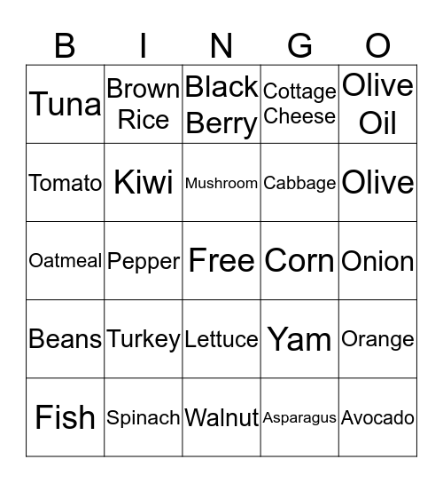 Nutrition Bingo  Bingo Card