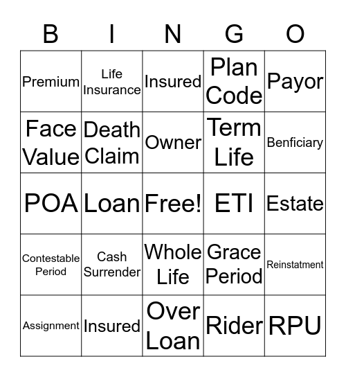 UA Life Insurance Bingo Card