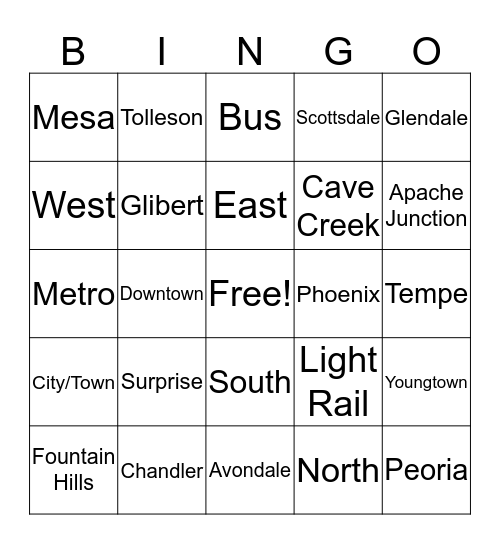 Metropolitan Cities and Words for Arizona  Bingo Card