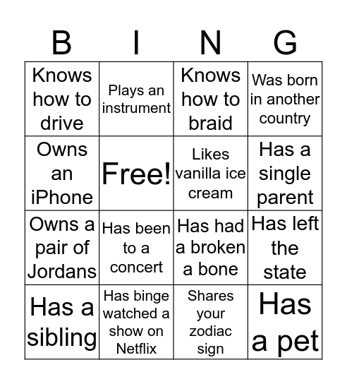 Getting to Know You Bingo Card