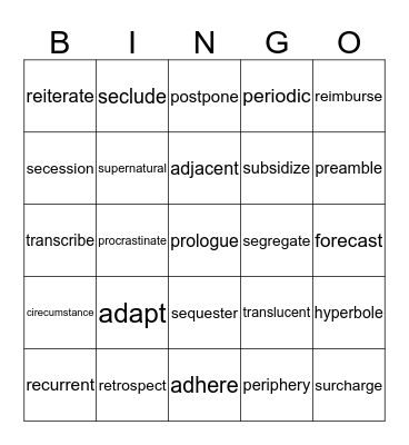 VOCABULARY Bingo Card