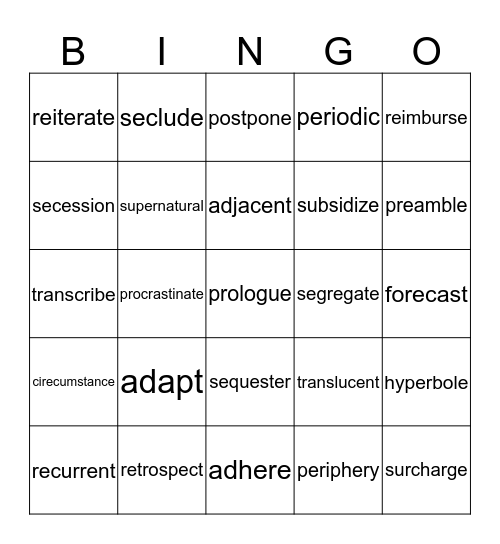 VOCABULARY Bingo Card