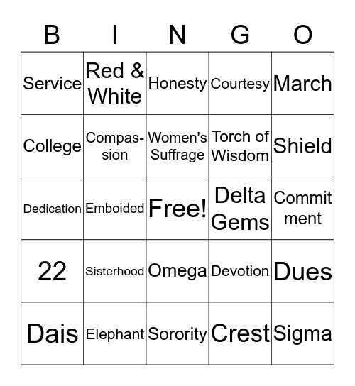 Delta Sigma Theta Sisterhood Bingo Card