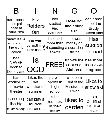 Get to know you Bingo Card
