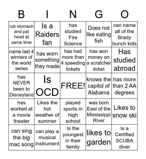 Get to know you Bingo Card