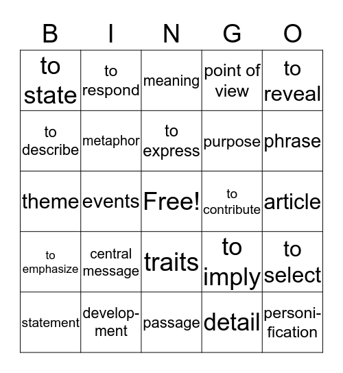 LEAP VOCAB Bingo Card