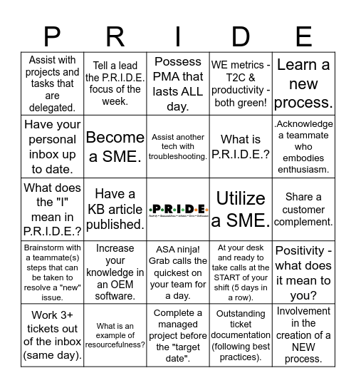 PRIDE Bingo! Bingo Card