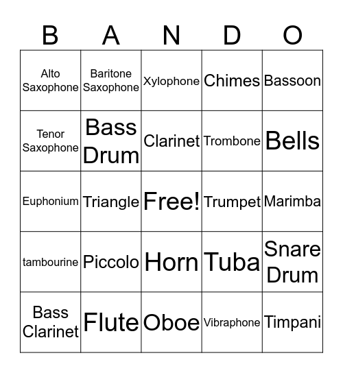 Instrumental B-A-N-D-O Bingo Card