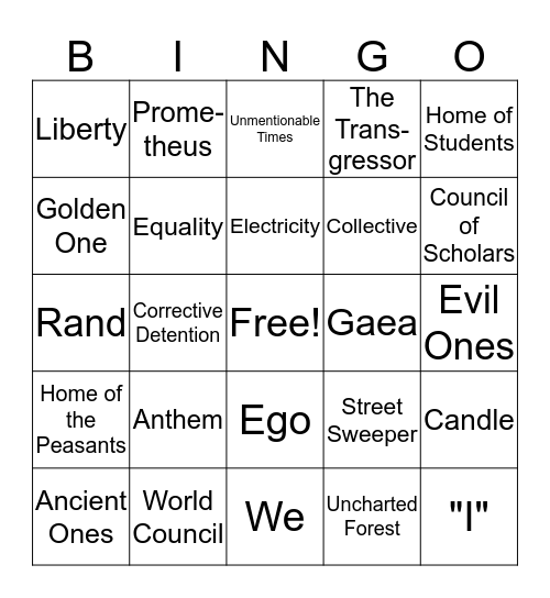 Anthem Bingo Card