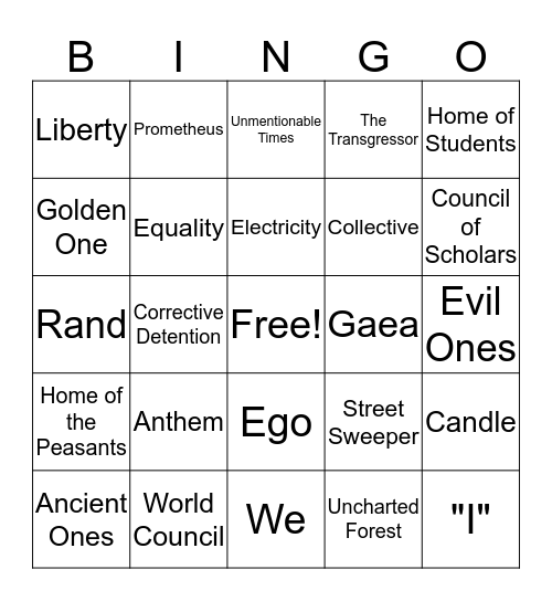 Anthem Bingo Card