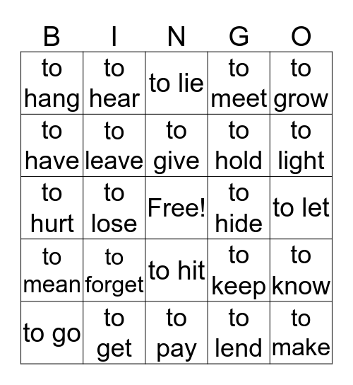 irregular verbs number 2. Bingo Card