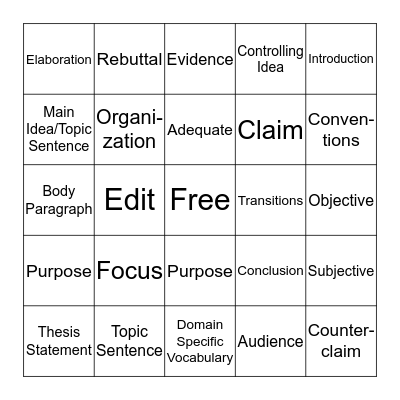 FSA Writing Terminology and Rubric Bingo Card