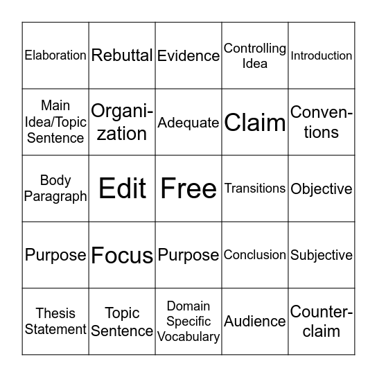 FSA Writing Terminology and Rubric Bingo Card