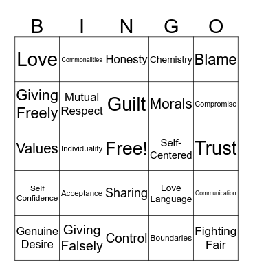 Relationships Bingo Card