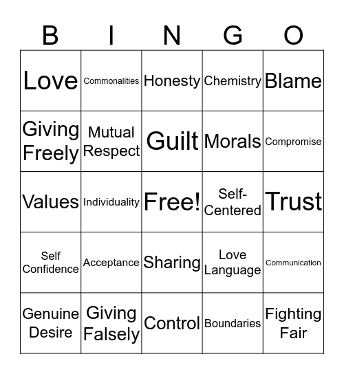 Relationships Bingo Card