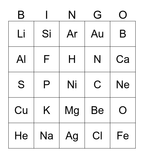 Periodic Table Bingo Card