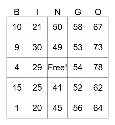 number bingo Card