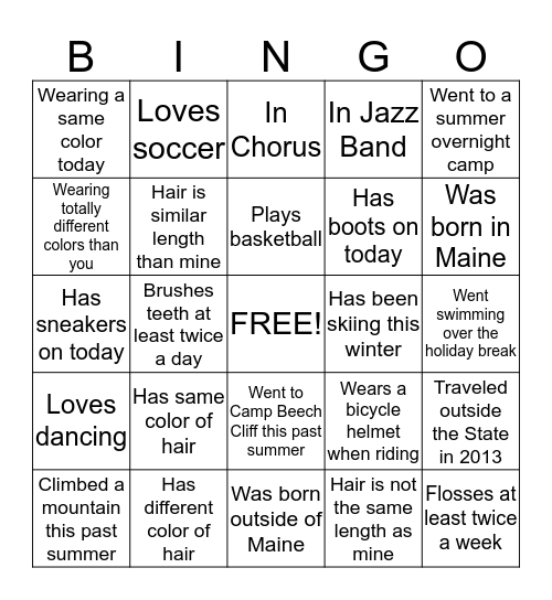 Same or Not Bingo Card