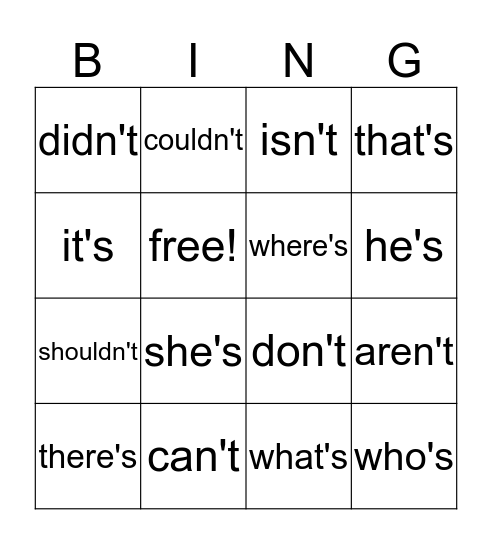 Contraction Bingo Card