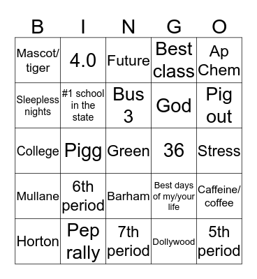 Central Graduation Bingo Card