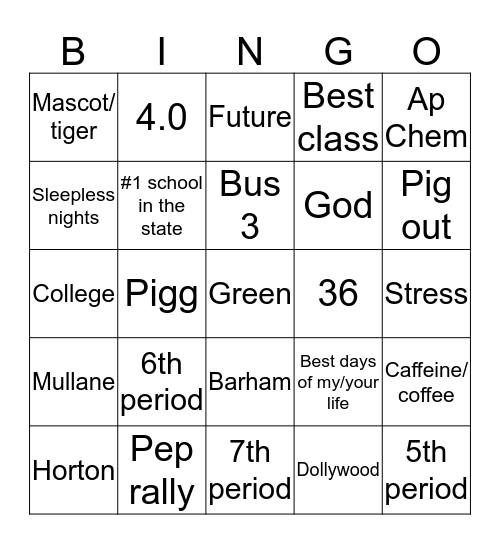 Central Graduation Bingo Card