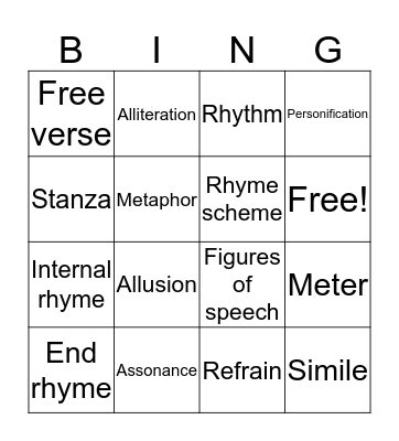 Poetry Bingo Card