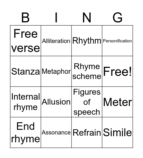 Poetry Bingo Card