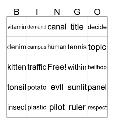 Multisyllabic Bingo Card