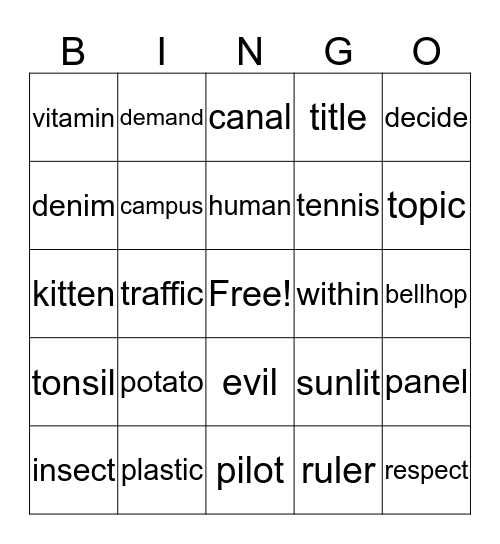 Multisyllabic Bingo Card