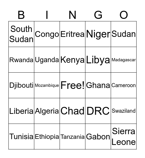African Country Bingo Card
