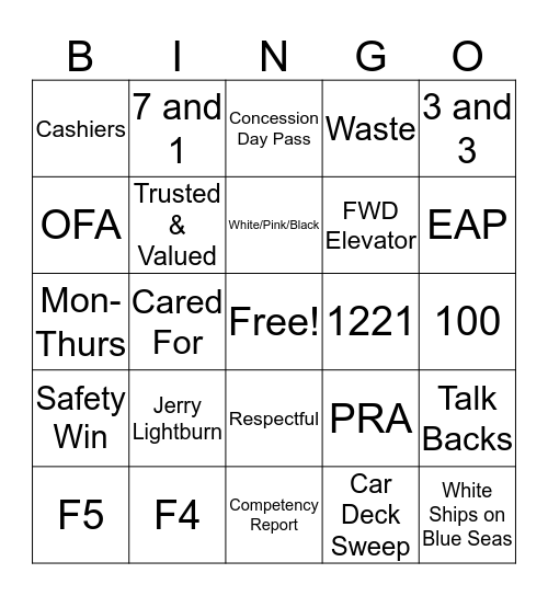 BC FERRIES BINGO Card