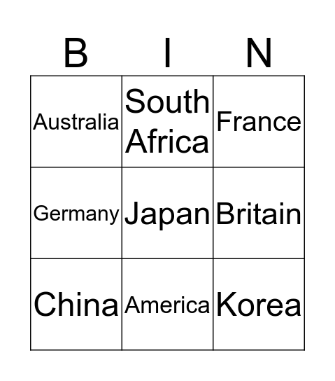 Countries Bingo Card