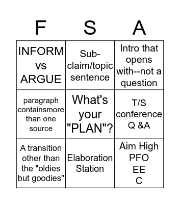 FSA Writing Bingo Card