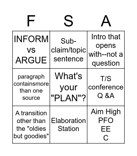FSA Writing Bingo Card